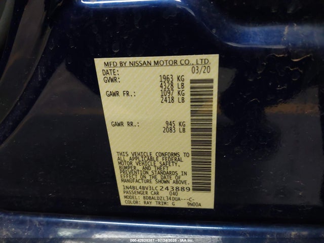 2020 Nissan Altima S Fwd მანქანა იყიდება აუქციონზე, vin: 1N4BL4BV3LC243889, აუქციონის ნომერი: 42828387