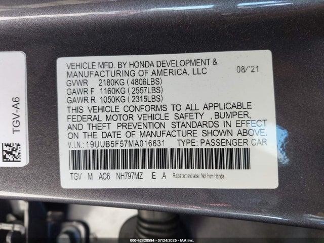 Acura k20c6 2021 19UUB5F57MA016631 Image 9