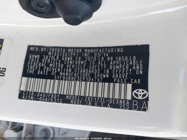5YFBURHE3EP104707 Toyota 2zr-fe