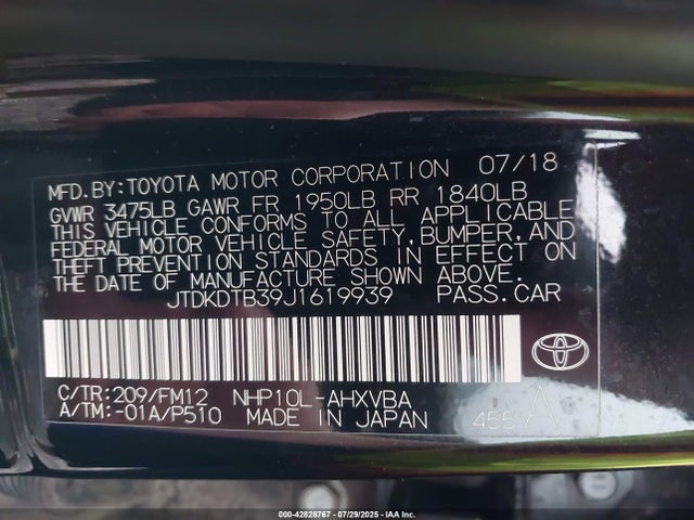 JTDKDTB39J1619939 Toyota 1nz-fxe+1lm