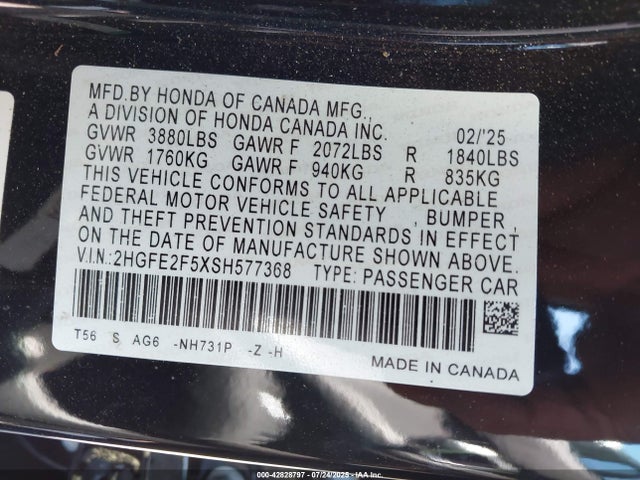 Honda k20c9 2025 2HGFE2F5XSH577368 Image 9