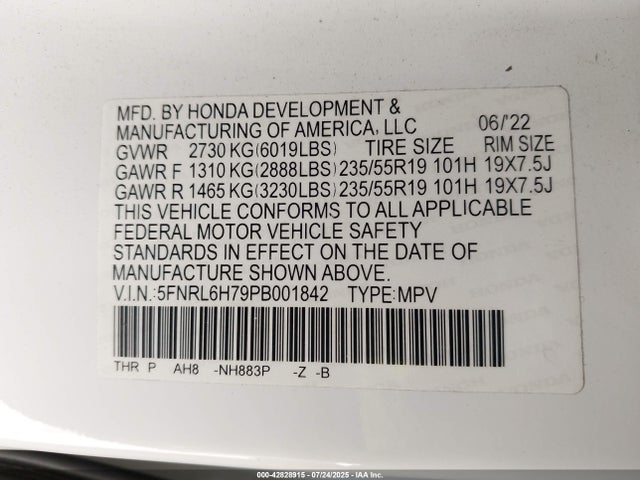 5FNRL6H79PB001842 Honda j35y7