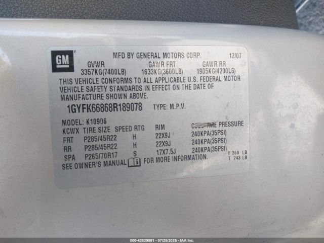 2008 CADILLAC ESCALADE ESV 1GYFK66868R189078 Photo 8