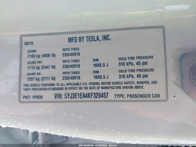 2019 TESLA MODEL 3 5YJ3E1EA4KF326457 Photo 8