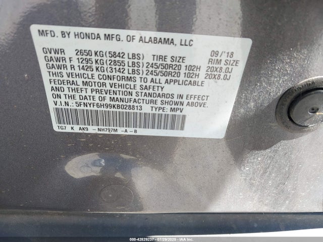 Honda j35y6 2019 5FNYF6H99KB028813 Image 9