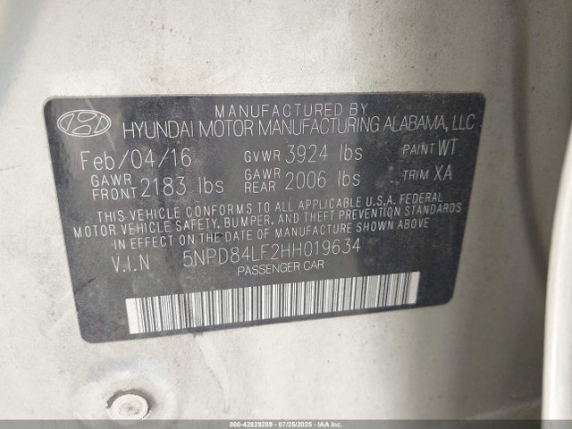 5NPD84LF2HH019634 Hyundai Elantra