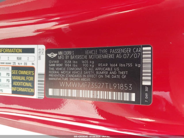 2007 MINI COOPER S WMWMF73527TL91853 Photo 8
