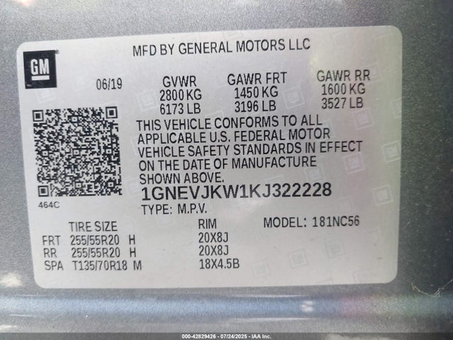 1GNEVJKW1KJ322228 Chevrolet lfy - spark ignited direct injection, atss, gen 1