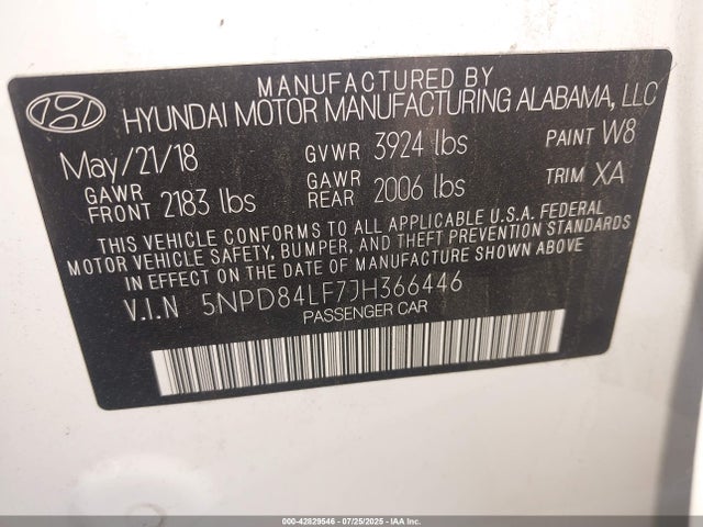 5NPD84LF7JH366446 Hyundai mpi nu