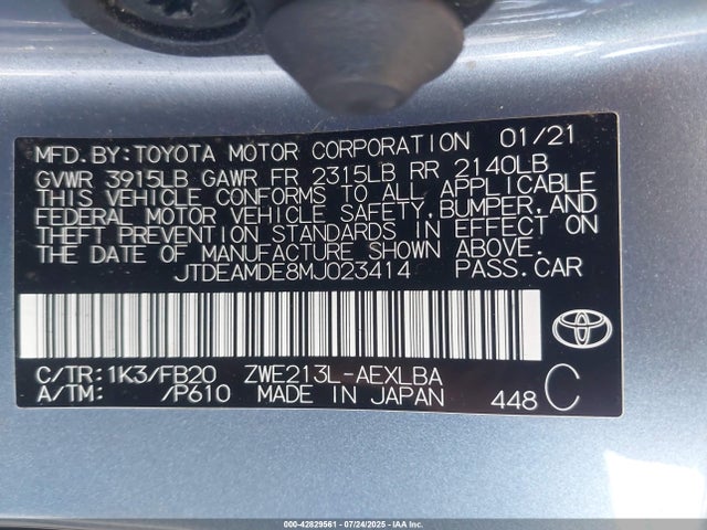 JTDEAMDE8MJ023414 Toyota 2zr-fxe, 1nm