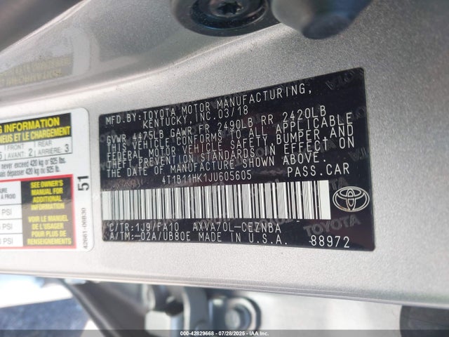 4T1B11HK1JU605605 Toyota a25a-fks