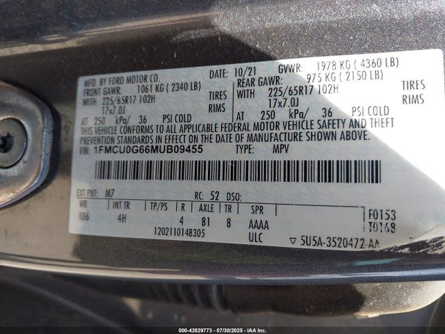 1FMCU0G66MUB09455 Ford dragon di tc