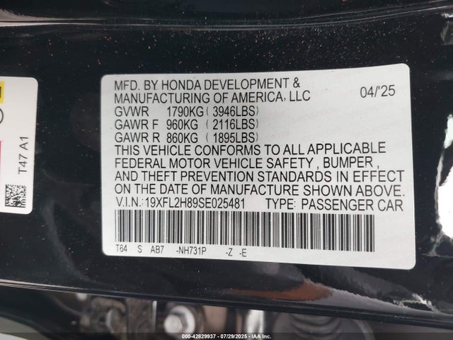 Honda k20c9 2025 19XFL2H89SE025481 Image 9