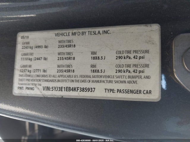 2019 TESLA MODEL 3 5YJ3E1EB4KF385937 Photo 8