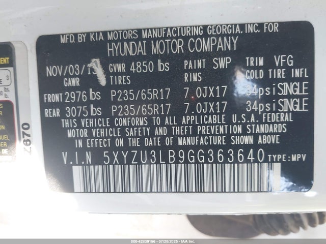 5XYZU3LB9GG363640 Hyundai gdi theta ii