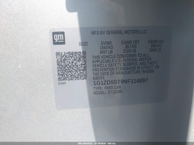 Aukcja sprzedaży 2022 Chevrolet Malibu Fwd Lt, vin: 1G1ZD5ST9NF114897, numer aukcji: 42830223