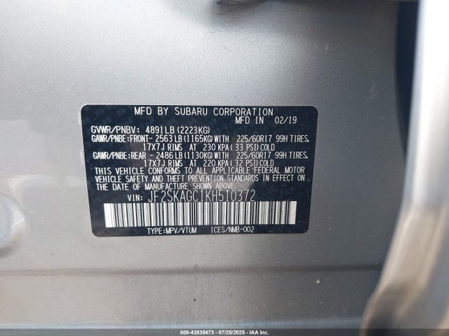 Subaru naturally aspirated u5 2019 JF2SKAGC1KH510372 Image 9
