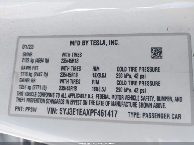 2023 TESLA MODEL 3 5YJ3E1EAXPF461417 Photo 8
