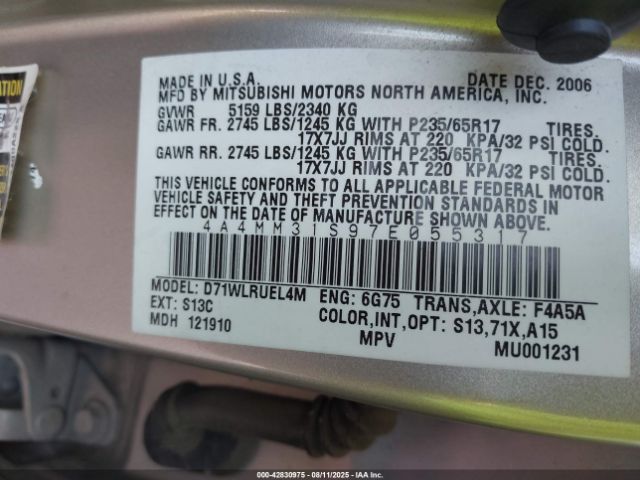 2007 MITSUBISHI ENDEAVOR 4A4MM31S97E055317 Photo 8