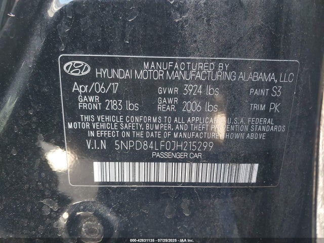 5NPD84LF0JH215299 Hyundai mpi nu