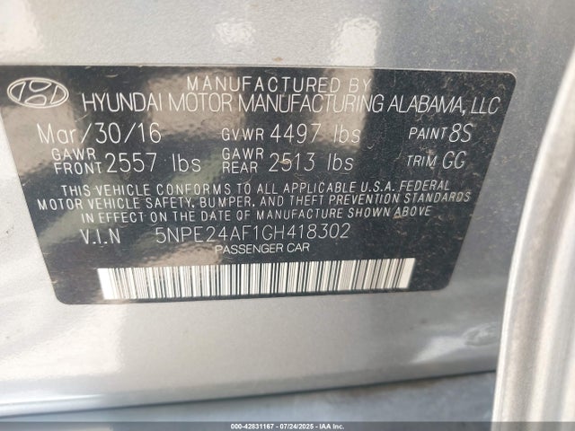 5NPE24AF1GH418302 Hyundai dohc gdi theta-ii