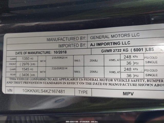 1GKKNXLS4KZ167481 GMC lgx - direct injection, variable valve timing, alum, gen 2