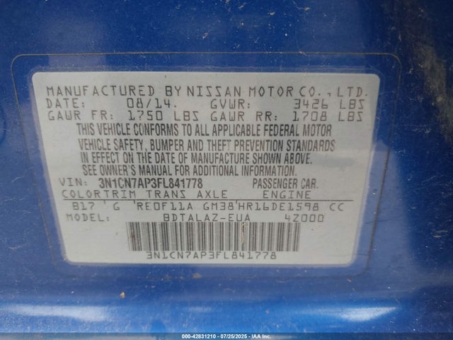 3N1CN7AP3FL841778 Nissan 2015