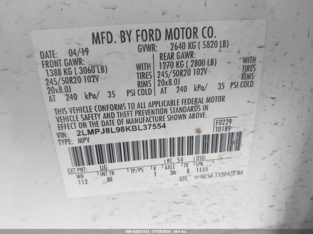 2LMPJ8L98KBL37554 Lincoln 2.0l gtdi