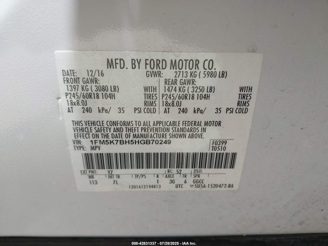 1FM5K7BH5HGB70249 Ford 2.3l gtdi