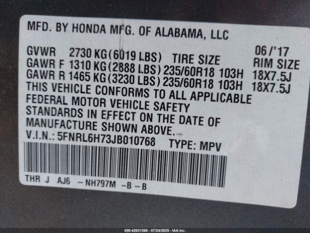 2018 HONDA ODYSSEY 5FNRL6H73JB010768 Photo 8