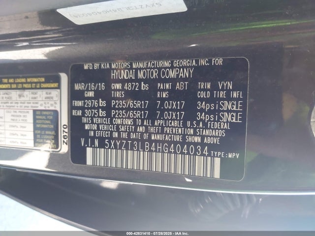 5XYZT3LB4HG404034 Hyundai gdi theta ii