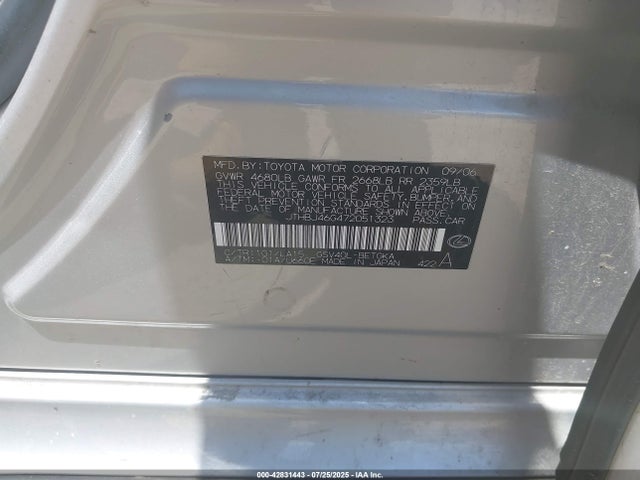 42831443 :رقم المزاد ، JTHBJ46G472051323 vin ، 2007 Lexus Es 350 مزاد بيع