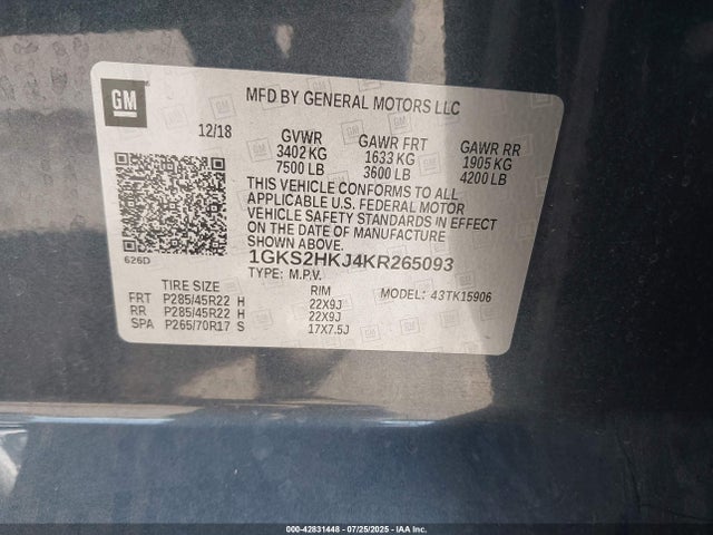 1GKS2HKJ4KR265093 GMC l86 - spark ignited direct injection, variable valve timing, afm, e85max, alum