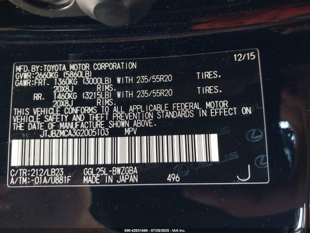 Lexus RX 2016 JTJBZMCA3G2005103 Image 9