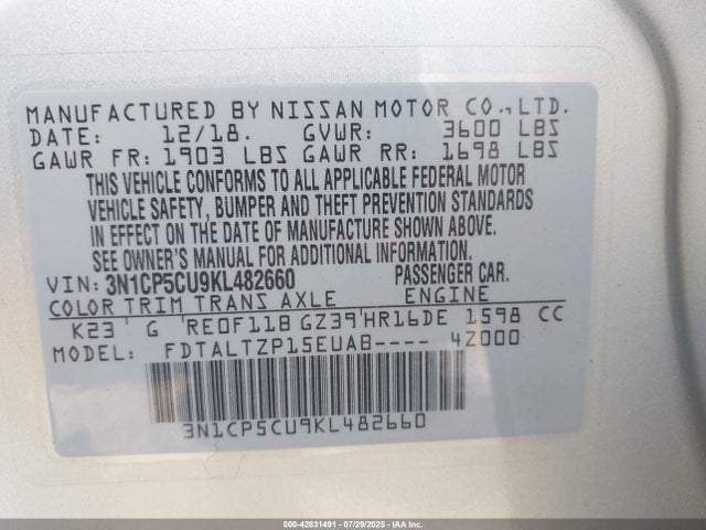 3N1CP5CU9KL482660 Nissan 2019