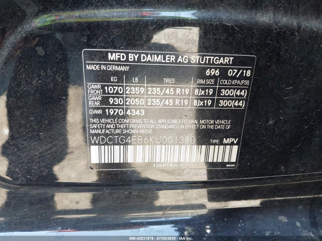 WDCTG4EB6KU001380 Mercedes-Benz m270