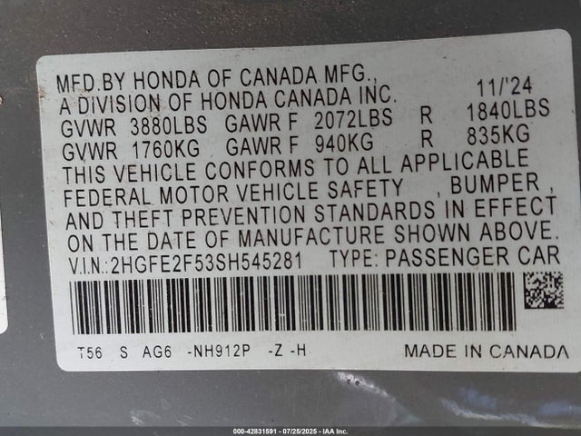 Honda k20c9 2025 2HGFE2F53SH545281 Image 9