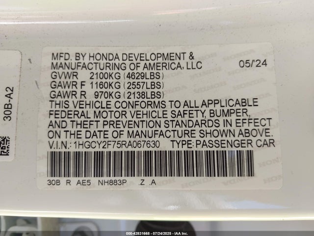1HGCY2F75RA067630 Honda lfc5