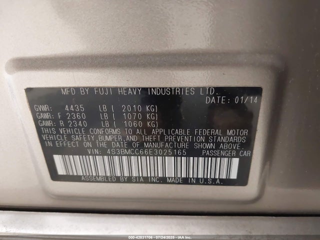 Subaru 2.5na u6 2014 4S3BMCC66E3025165 Image 9