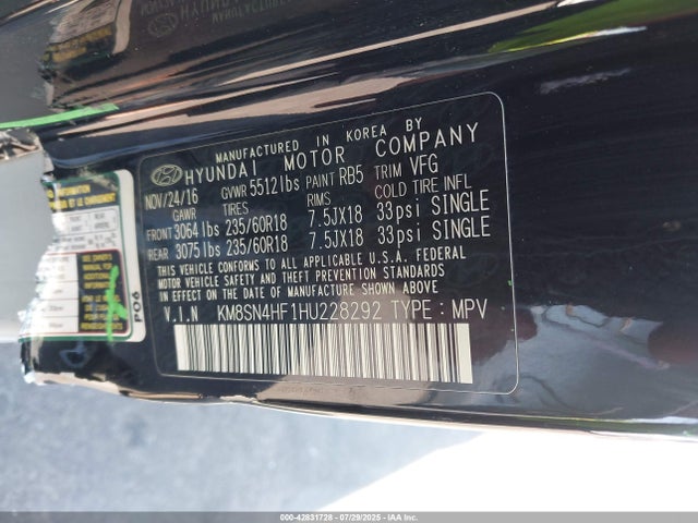 KM8SN4HF1HU228292 Hyundai gdi lambda ii