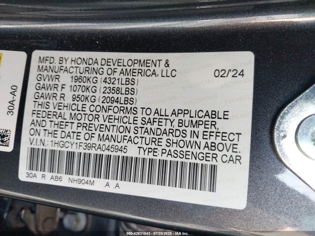 1HGCY1F39RA045945 Honda l15be
