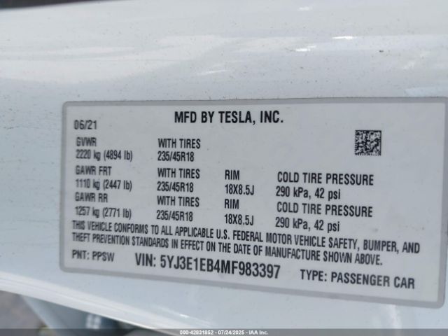 2021 TESLA MODEL 3 5YJ3E1EB4MF983397 Photo 8