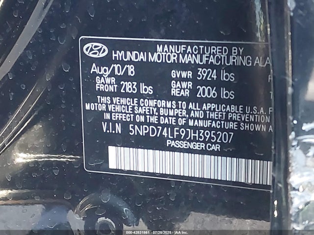 5NPD74LF9JH395207 Hyundai mpi nu