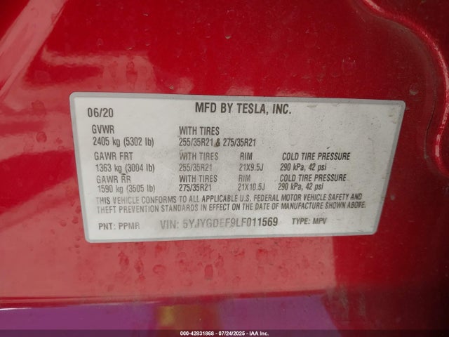 2020 TESLA MODEL Y 5YJYGDEF9LF011569 Photo 8