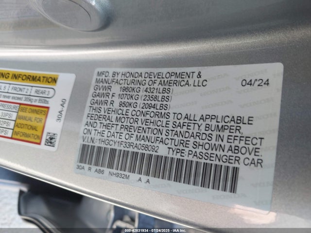 1HGCY1F33RA058092 Honda l15be