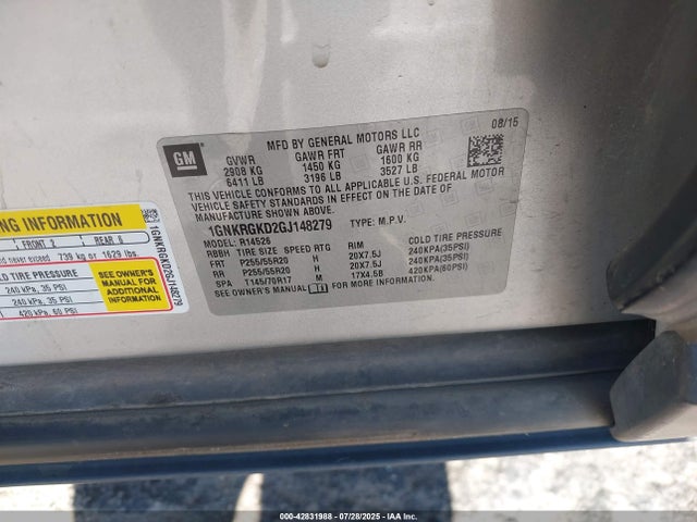 1GNKRGKD2GJ148279 Chevrolet llt - sidi, alum, 60 degrees