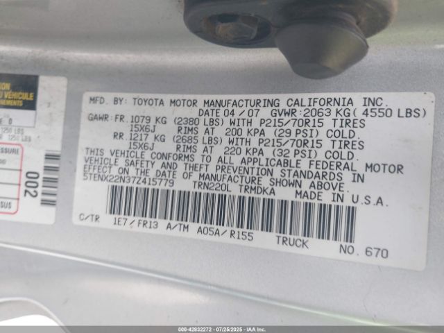 2007 TOYOTA TACOMA 5TENX22N37Z415779 Photo 8