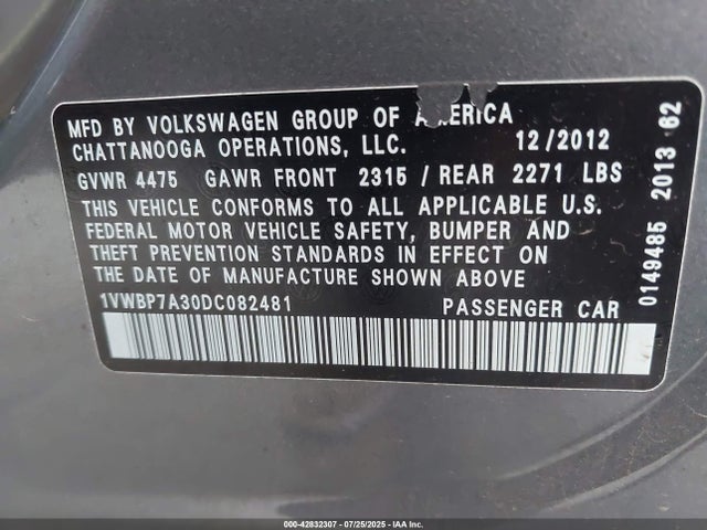 2013 VOLKSWAGEN PASSAT 1VWBP7A30DC082481 Photo 8