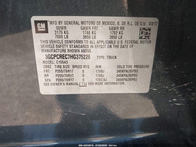 3GCPCREC7HG375226 Chevrolet l83 - sidi: spark ignited direct injection, vvt: variable valve timing, afm, e85 max, alum