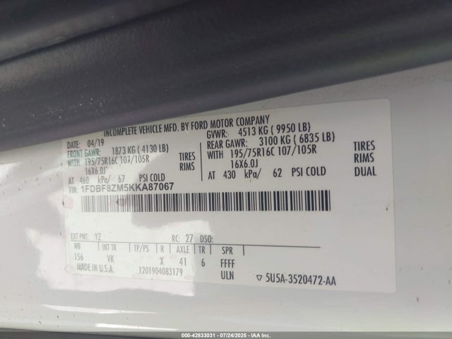 1FDBF8ZM5KKA87067 Ford 2019